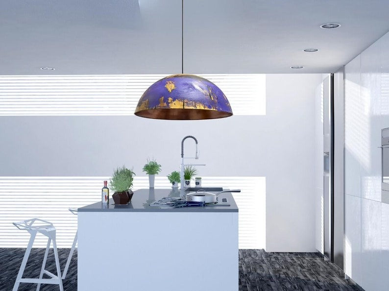 Purple & Gold Brass Dome Pendant Light – Hand-Finished Moroccan Kitchen Island Chandelier