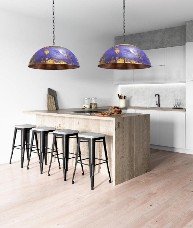 Purple & Gold Brass Dome Pendant Light – Hand-Finished Moroccan Kitchen Island Chandelier