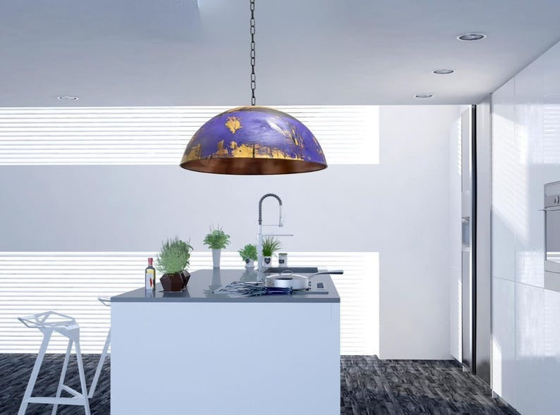 Purple & Gold Brass Dome Pendant Light – Hand-Finished Moroccan Kitchen Island Chandelier