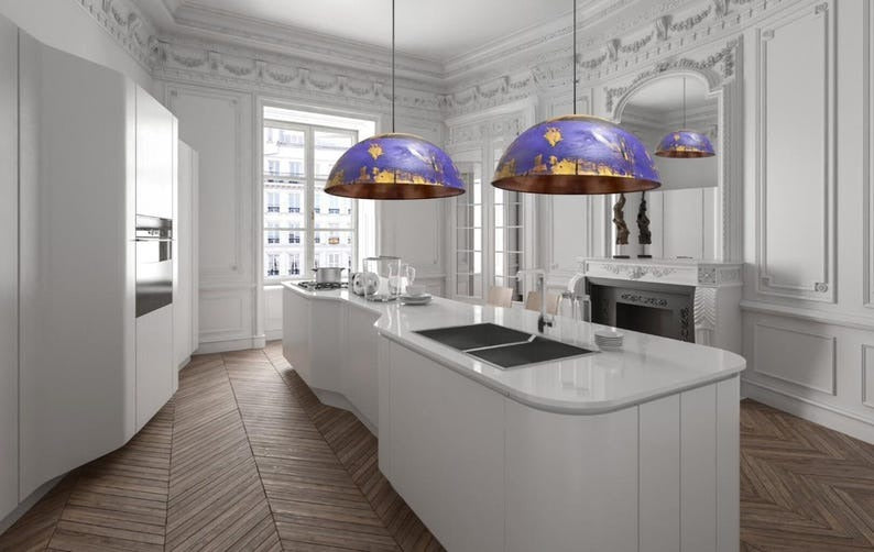 Purple & Gold Brass Dome Pendant Light – Hand-Finished Moroccan Kitchen Island Chandelier