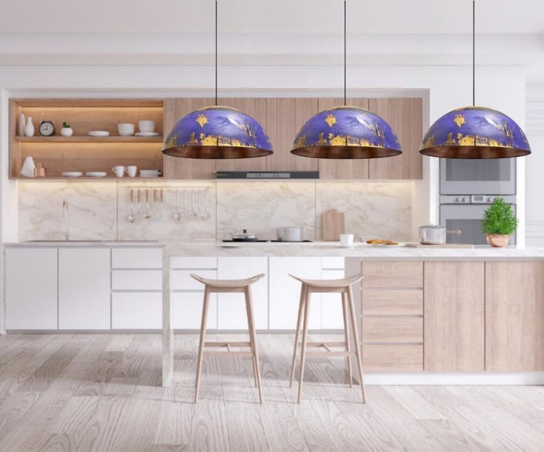 Purple & Gold Brass Dome Pendant Light – Hand-Finished Moroccan Kitchen Island Chandelier