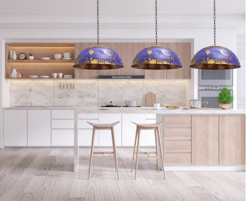 Purple & Gold Brass Dome Pendant Light – Hand-Finished Moroccan Kitchen Island Chandelier