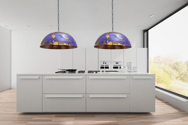 Purple & Gold Brass Dome Pendant Light – Hand-Finished Moroccan Kitchen Island Chandelier