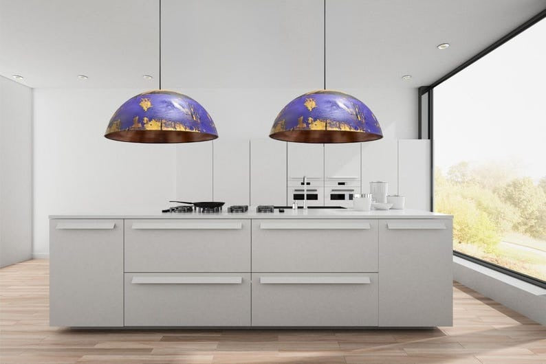 Purple & Gold Brass Dome Pendant Light – Hand-Finished Moroccan Kitchen Island Chandelier