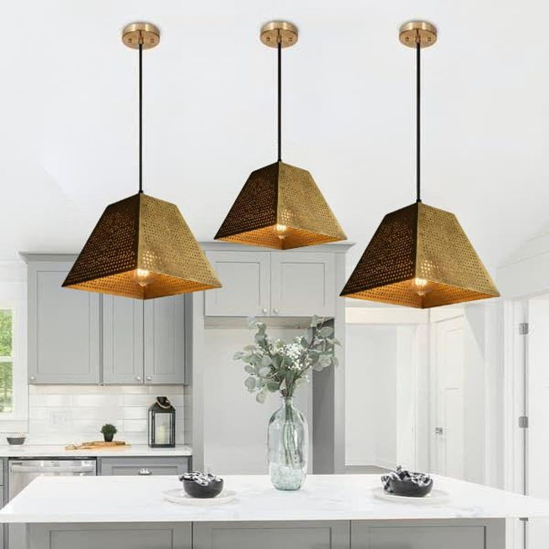 Handmade Perforated Brass Pendant Light – Moroccan Pyramid Hanging Lamp with Geometric Square Shade for Kitchen Island, Dining Room & Modern Boho Home Décor