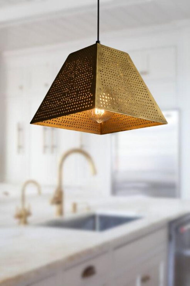 Handmade Perforated Brass Pendant Light – Moroccan Pyramid Hanging Lamp with Geometric Square Shade for Kitchen Island, Dining Room & Modern Boho Home Décor