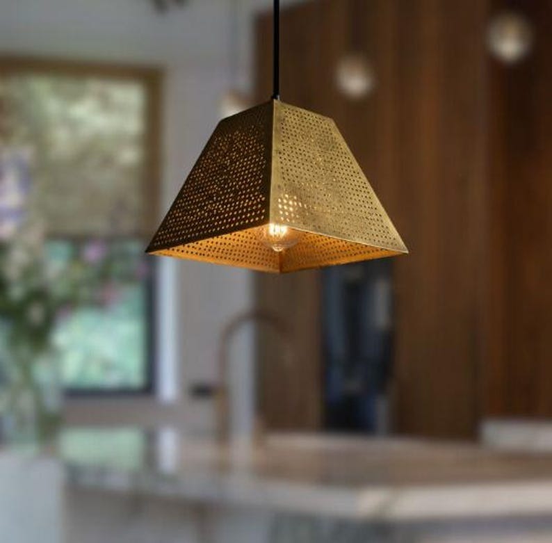 Handmade Perforated Brass Pendant Light – Moroccan Pyramid Hanging Lamp with Geometric Square Shade for Kitchen Island, Dining Room & Modern Boho Home Décor