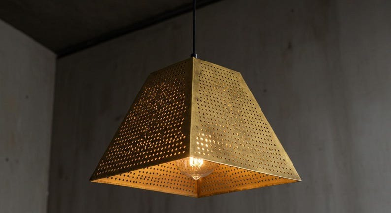 Handmade Perforated Brass Pendant Light – Moroccan Pyramid Hanging Lamp with Geometric Square Shade for Kitchen Island, Dining Room & Modern Boho Home Décor