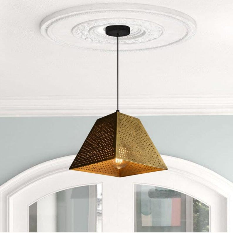 Handmade Perforated Brass Pendant Light – Moroccan Pyramid Hanging Lamp with Geometric Square Shade for Kitchen Island, Dining Room & Modern Boho Home Décor