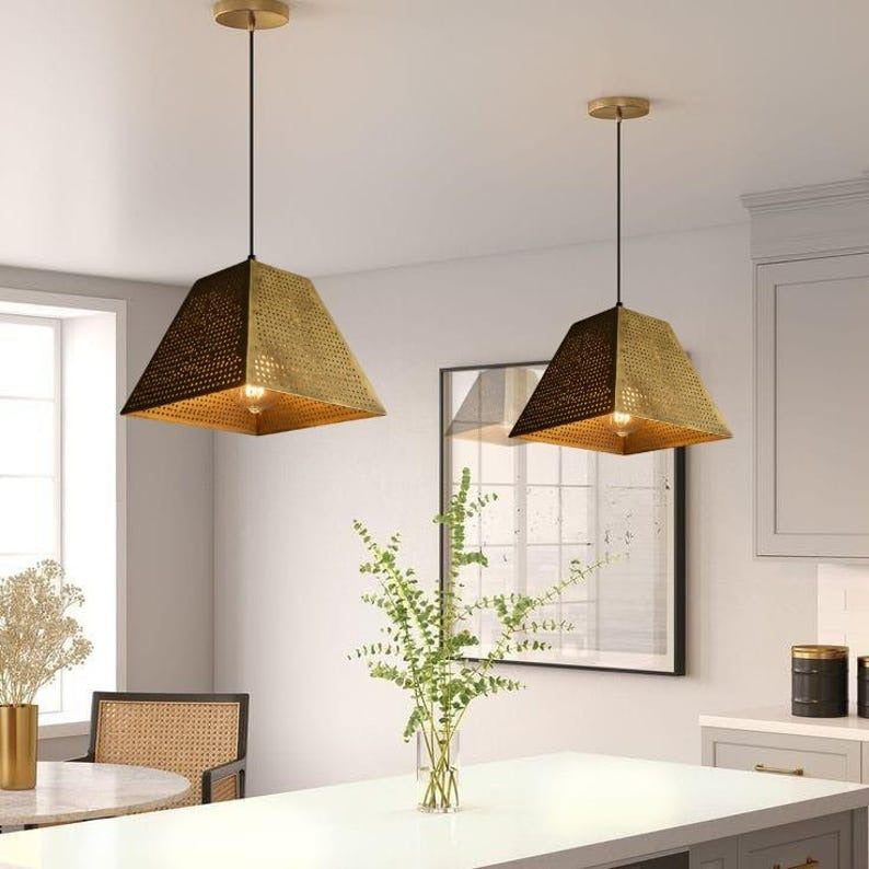 Handmade Perforated Brass Pendant Light – Moroccan Pyramid Hanging Lamp with Geometric Square Shade for Kitchen Island, Dining Room & Modern Boho Home Décor
