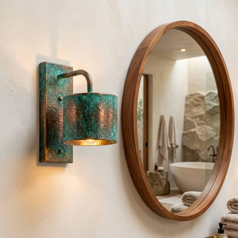 Handmade Moroccan Brass Wall Sconce – Hammered Turquoise Verdigris Cylinder Wall Light with Rectangular Backplate and Warm Gold Interior for Bedroom, Hallway, Entryway & Living Room