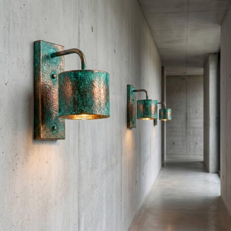 Handmade Moroccan Brass Wall Sconce – Hammered Turquoise Verdigris Cylinder Wall Light with Rectangular Backplate and Warm Gold Interior for Bedroom, Hallway, Entryway & Living Room