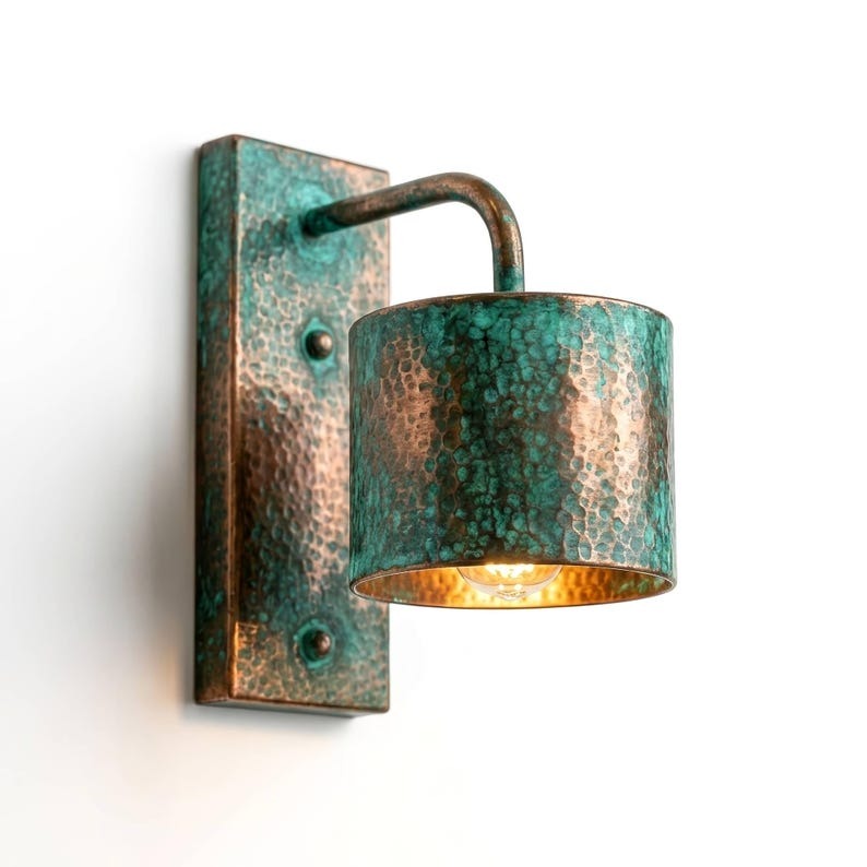 Handmade Moroccan Brass Wall Sconce – Hammered Turquoise Verdigris Cylinder Wall Light with Rectangular Backplate and Warm Gold Interior for Bedroom, Hallway, Entryway & Living Room