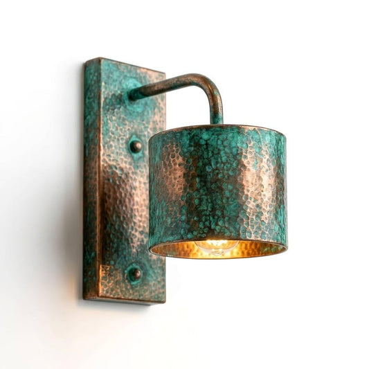 Handmade Moroccan Brass Wall Sconce – Hammered Turquoise Verdigris Cylinder Wall Light with Rectangular Backplate and Warm Gold Interior for Bedroom, Hallway, Entryway & Living Room