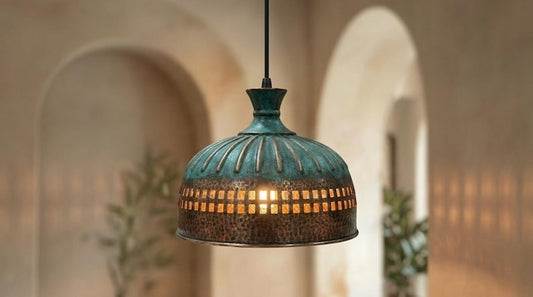 Handmade Brass Moroccan Pendant Light – Verdigris Green Patina & Dark Hammered Brass Hanging Lamp with Rectangular Cutout Band, Rustic Boho Ceiling Fixture