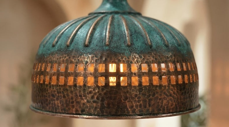Handmade Brass Moroccan Pendant Light – Verdigris Green Patina & Dark Hammered Brass Hanging Lamp with Rectangular Cutout Band, Rustic Boho Ceiling Fixture
