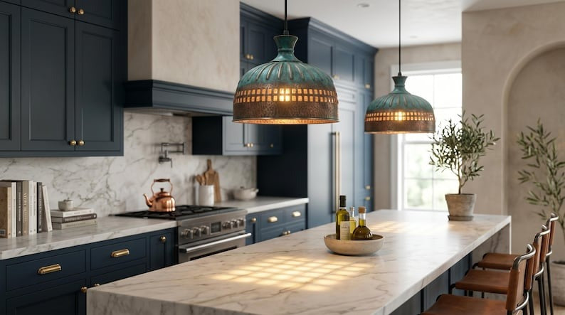 Handmade Brass Moroccan Pendant Light – Verdigris Green Patina & Dark Hammered Brass Hanging Lamp with Rectangular Cutout Band, Rustic Boho Ceiling Fixture