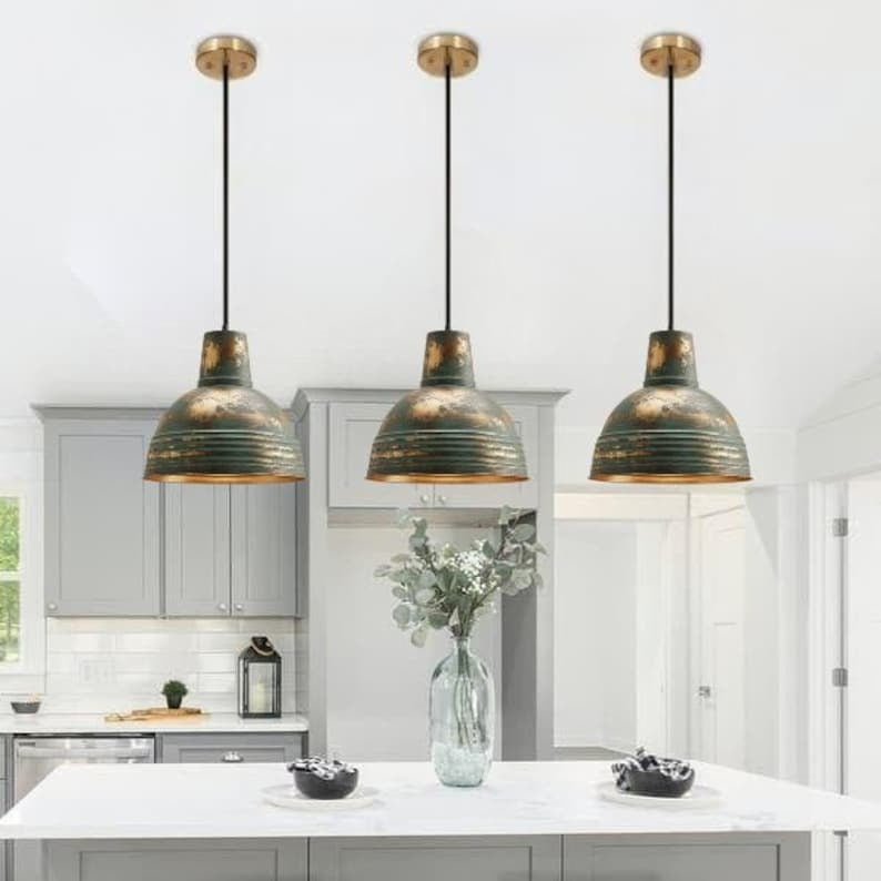 Handmade Green Patina Brass Pendant Light – Moroccan Ribbed Dome Hanging Lamp with Tall Neck for Kitchen Island, Dining Room & Boho Home Décor