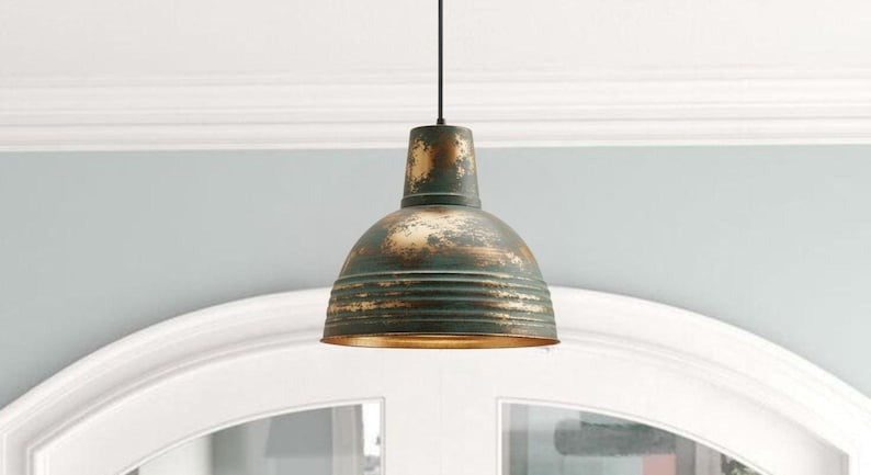 Handmade Green Patina Brass Pendant Light – Moroccan Ribbed Dome Hanging Lamp with Tall Neck for Kitchen Island, Dining Room & Boho Home Décor