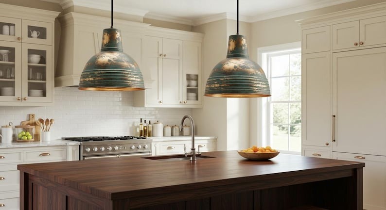 Handmade Green Patina Brass Pendant Light – Moroccan Ribbed Dome Hanging Lamp with Tall Neck for Kitchen Island, Dining Room & Boho Home Décor