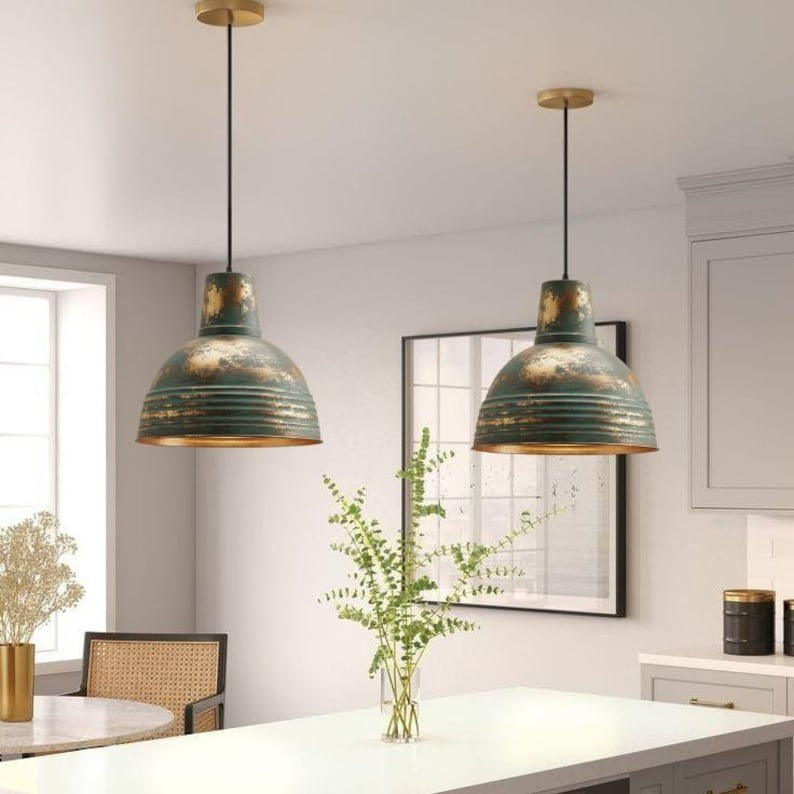 Handmade Green Patina Brass Pendant Light – Moroccan Ribbed Dome Hanging Lamp with Tall Neck for Kitchen Island, Dining Room & Boho Home Décor