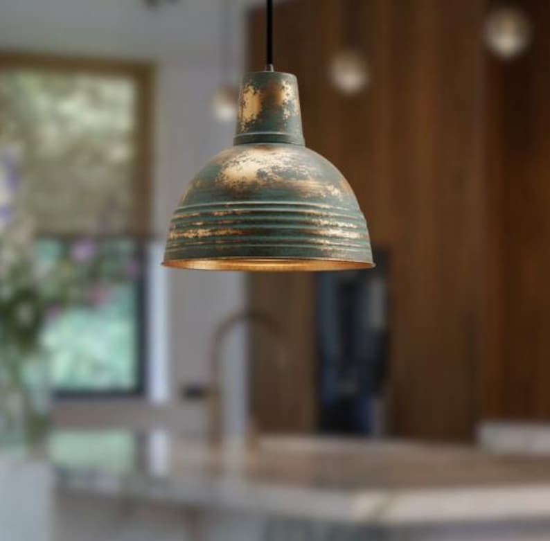 Handmade Green Patina Brass Pendant Light – Moroccan Ribbed Dome Hanging Lamp with Tall Neck for Kitchen Island, Dining Room & Boho Home Décor