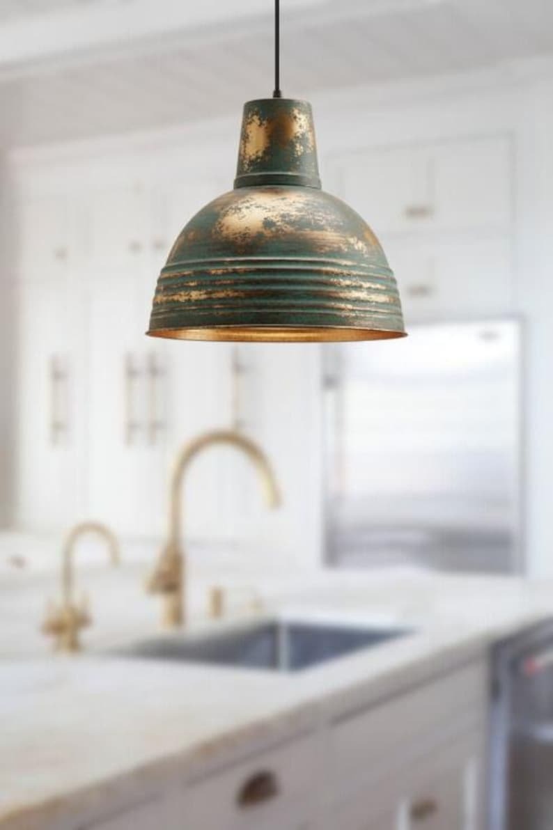 Handmade Green Patina Brass Pendant Light – Moroccan Ribbed Dome Hanging Lamp with Tall Neck for Kitchen Island, Dining Room & Boho Home Décor