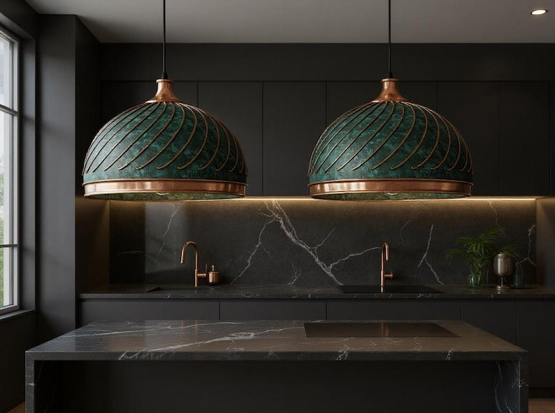 Ribbed Green Patina Copper Dome Pendant Light, Handmade Moroccan Verdigris Copper Chandelier, Rustic Kitchen Island Hanging Lamp, Boho Farmhouse Ceiling Light Fixture
