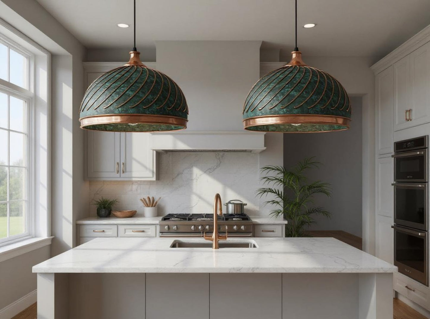 Ribbed Green Patina Copper Dome Pendant Light, Handmade Moroccan Verdigris Copper Chandelier, Rustic Kitchen Island Hanging Lamp, Boho Farmhouse Ceiling Light Fixture