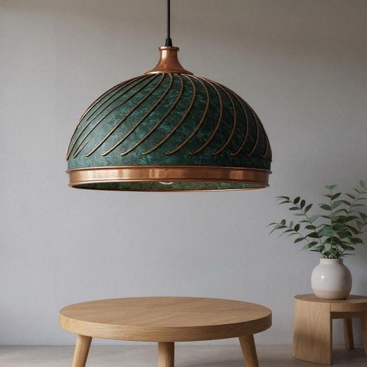 Ribbed Green Patina Copper Dome Pendant Light, Handmade Moroccan Verdigris Copper Chandelier, Rustic Kitchen Island Hanging Lamp, Boho Farmhouse Ceiling Light Fixture