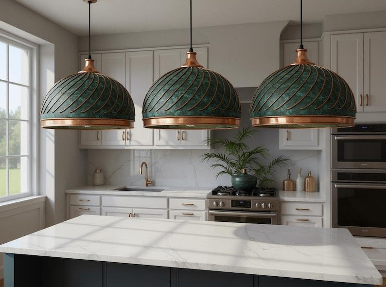 Ribbed Green Patina Copper Dome Pendant Light, Handmade Moroccan Verdigris Copper Chandelier, Rustic Kitchen Island Hanging Lamp, Boho Farmhouse Ceiling Light Fixture