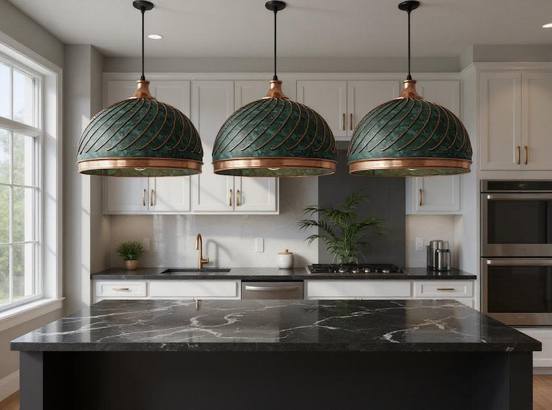 Ribbed Green Patina Copper Dome Pendant Light, Handmade Moroccan Verdigris Copper Chandelier, Rustic Kitchen Island Hanging Lamp, Boho Farmhouse Ceiling Light Fixture