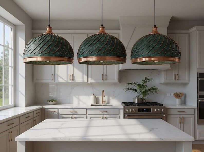 Ribbed Green Patina Copper Dome Pendant Light, Handmade Moroccan Verdigris Copper Chandelier, Rustic Kitchen Island Hanging Lamp, Boho Farmhouse Ceiling Light Fixture