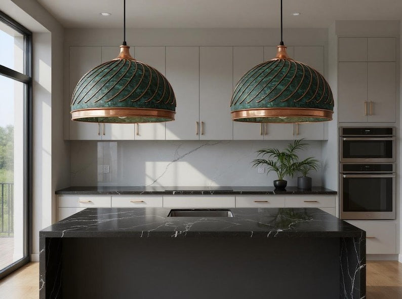Ribbed Green Patina Copper Dome Pendant Light, Handmade Moroccan Verdigris Copper Chandelier, Rustic Kitchen Island Hanging Lamp, Boho Farmhouse Ceiling Light Fixture