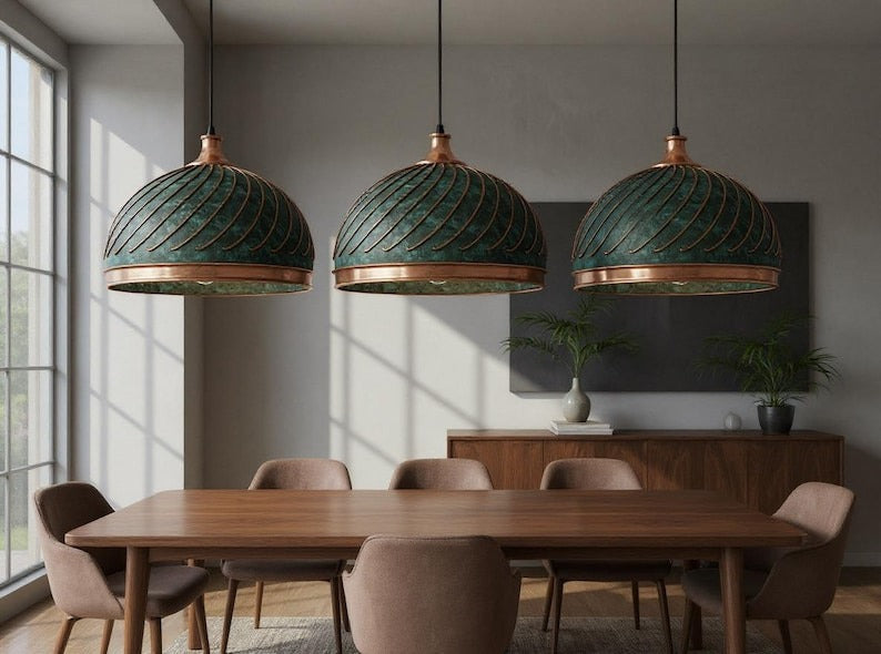 Ribbed Green Patina Copper Dome Pendant Light, Handmade Moroccan Verdigris Copper Chandelier, Rustic Kitchen Island Hanging Lamp, Boho Farmhouse Ceiling Light Fixture