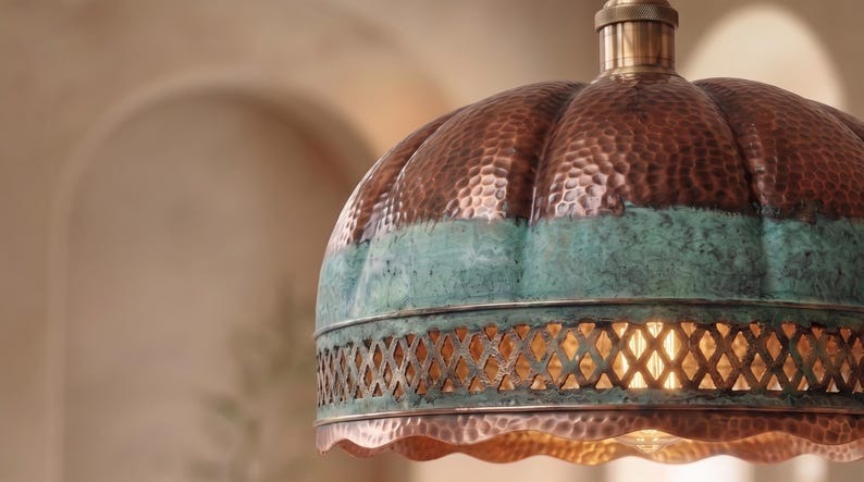 Handmade Moroccan Brass Pendant Light – Ribbed Hammered Dome Ceiling Lamp with Verdigris Patina, Diamond Lattice & Scalloped Edge