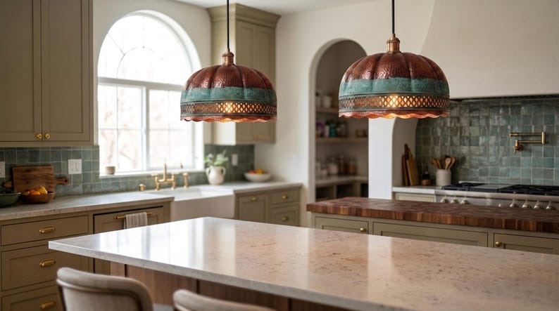 Handmade Moroccan Brass Pendant Light – Ribbed Hammered Dome Ceiling Lamp with Verdigris Patina, Diamond Lattice & Scalloped Edge