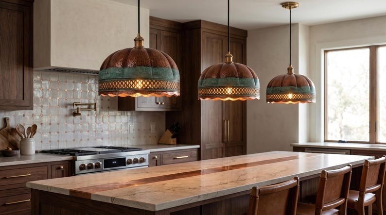 Handmade Moroccan Brass Pendant Light – Ribbed Hammered Dome Ceiling Lamp with Verdigris Patina, Diamond Lattice & Scalloped Edge