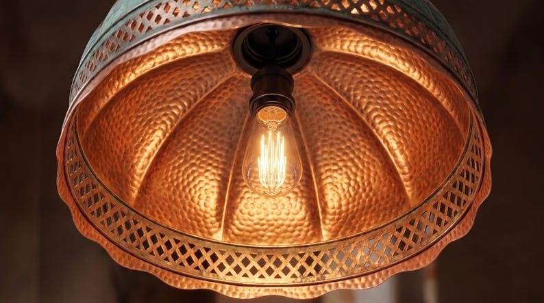 Handmade Moroccan Brass Pendant Light – Ribbed Hammered Dome Ceiling Lamp with Verdigris Patina, Diamond Lattice & Scalloped Edge