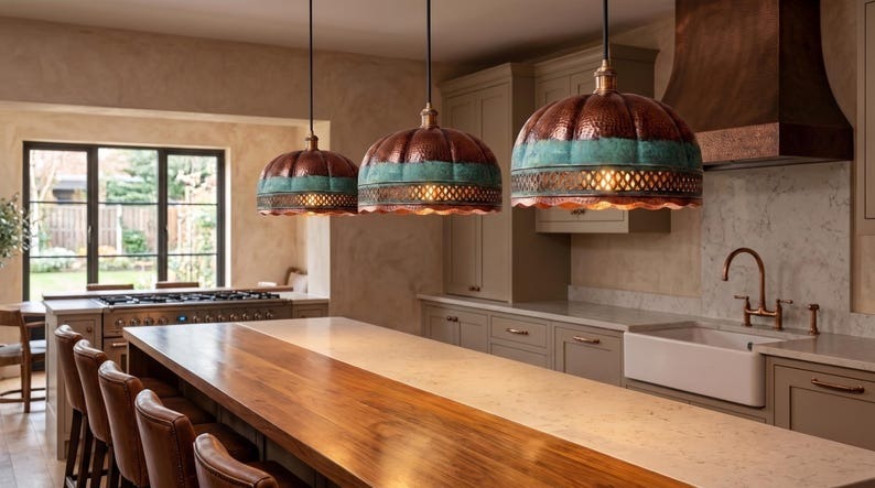 Handmade Moroccan Brass Pendant Light – Ribbed Hammered Dome Ceiling Lamp with Verdigris Patina, Diamond Lattice & Scalloped Edge