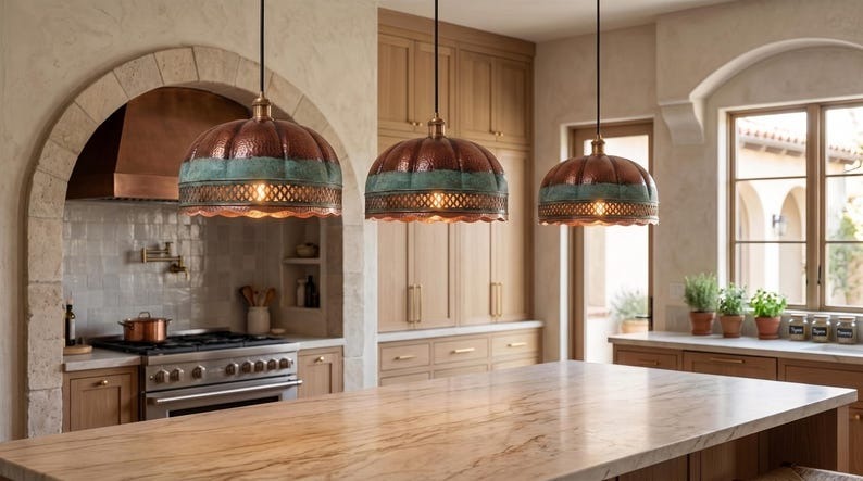 Handmade Moroccan Brass Pendant Light – Ribbed Hammered Dome Ceiling Lamp with Verdigris Patina, Diamond Lattice & Scalloped Edge
