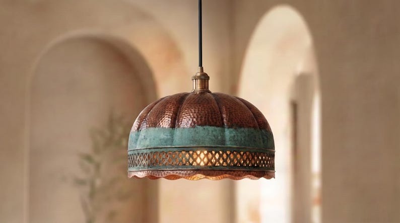 Handmade Moroccan Brass Pendant Light – Ribbed Hammered Dome Ceiling Lamp with Verdigris Patina, Diamond Lattice & Scalloped Edge