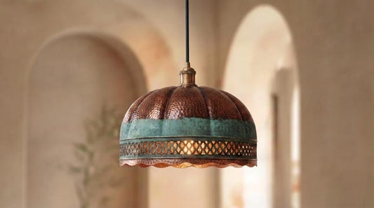 Handmade Moroccan Brass Pendant Light – Ribbed Hammered Dome Ceiling Lamp with Verdigris Patina, Diamond Lattice & Scalloped Edge