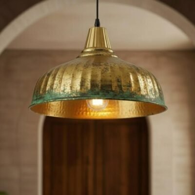 Antique Brass Patina Pendant Light, Handmade Moroccan Ribbed Brass Dome Chandelier, Rustic Verdigris Kitchen Island Hanging Lamp, Boho Farmhouse Ceiling Light Fixture