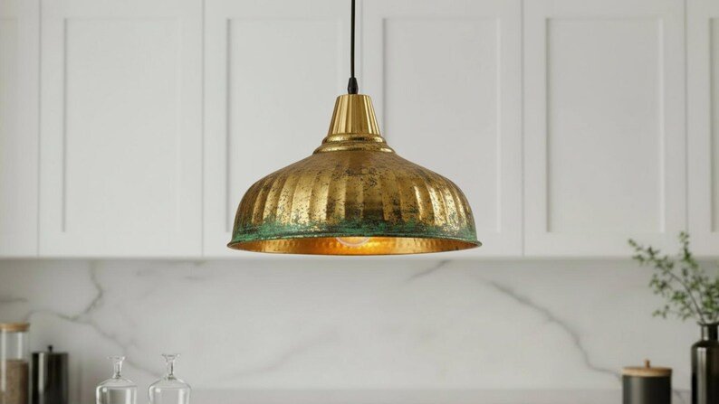 Antique Brass Patina Pendant Light, Handmade Moroccan Ribbed Brass Dome Chandelier, Rustic Verdigris Kitchen Island Hanging Lamp, Boho Farmhouse Ceiling Light Fixture