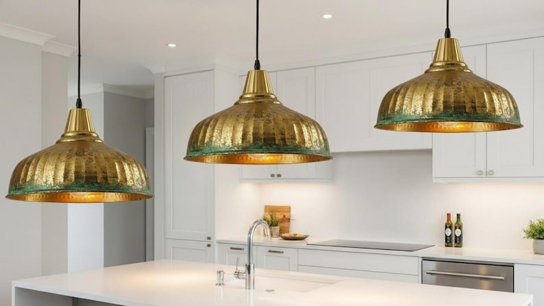 Antique Brass Patina Pendant Light, Handmade Moroccan Ribbed Brass Dome Chandelier, Rustic Verdigris Kitchen Island Hanging Lamp, Boho Farmhouse Ceiling Light Fixture
