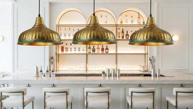 Antique Brass Patina Pendant Light, Handmade Moroccan Ribbed Brass Dome Chandelier, Rustic Verdigris Kitchen Island Hanging Lamp, Boho Farmhouse Ceiling Light Fixture