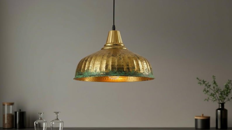 Antique Brass Patina Pendant Light, Handmade Moroccan Ribbed Brass Dome Chandelier, Rustic Verdigris Kitchen Island Hanging Lamp, Boho Farmhouse Ceiling Light Fixture