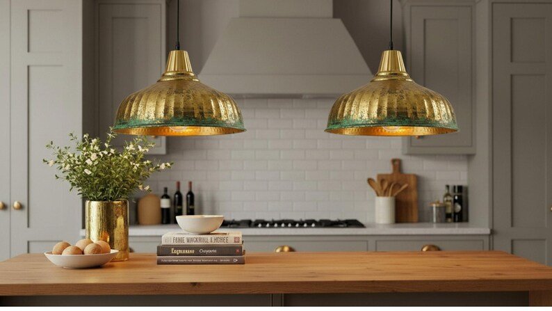Antique Brass Patina Pendant Light, Handmade Moroccan Ribbed Brass Dome Chandelier, Rustic Verdigris Kitchen Island Hanging Lamp, Boho Farmhouse Ceiling Light Fixture