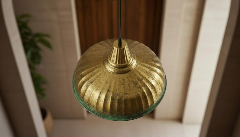Antique Brass Patina Pendant Light, Handmade Moroccan Ribbed Brass Dome Chandelier, Rustic Verdigris Kitchen Island Hanging Lamp, Boho Farmhouse Ceiling Light Fixture